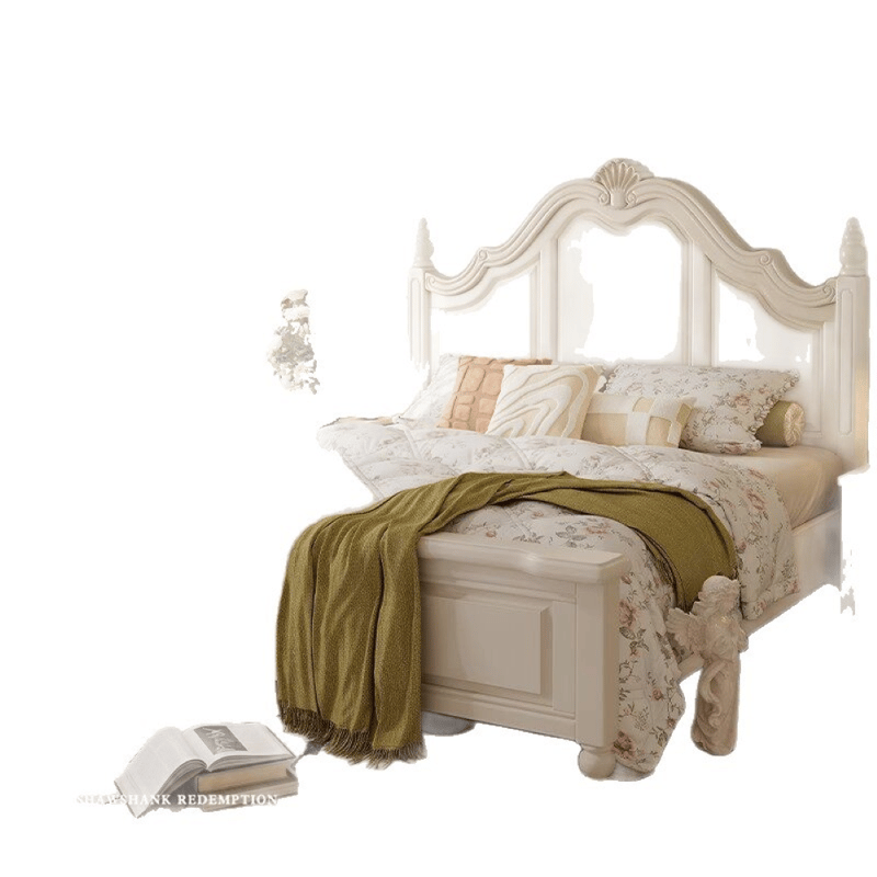 French Romantic Ivory White Carved Solid Wood Bed