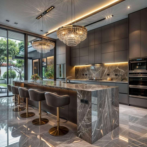 Factory Direct Furniture Modern Villa Modular Kitchen Cabinets Matte Grey Custom Melamine Board Acrylic Eco-Friendly Faucet 5