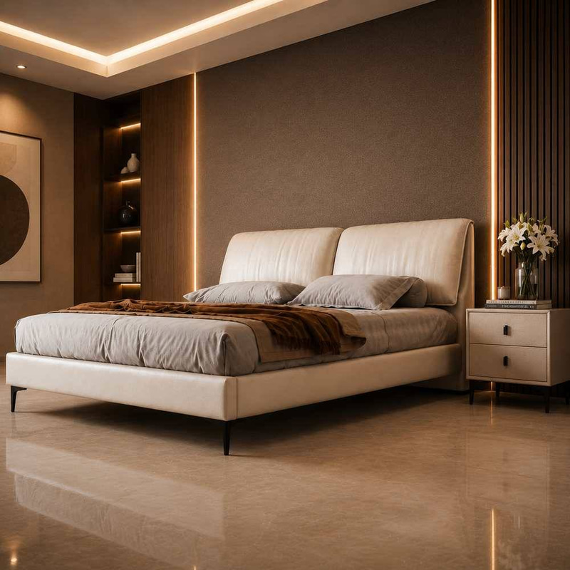 Premium Eco-Friendly Genuine Leather Modern Bed with Reinforced Steel and Wood Frame