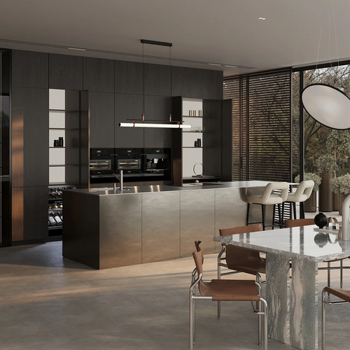 Custom I-Shaped Wood Grain Finish Modern Stainless Steel Design Includes Sink Faucet-for Stylish Kitchen Cabinets