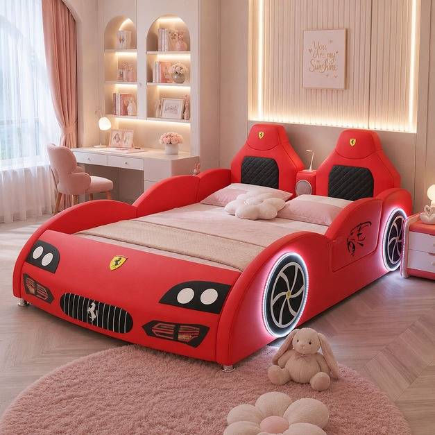 سرير أطفال مودرن بتتصميم سيارة سباق رياضية بأجنحة جانبية