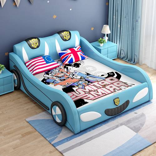 Blue Cartoon Race Car Upholstered Kids Bed for Boys with Sporty Headboard