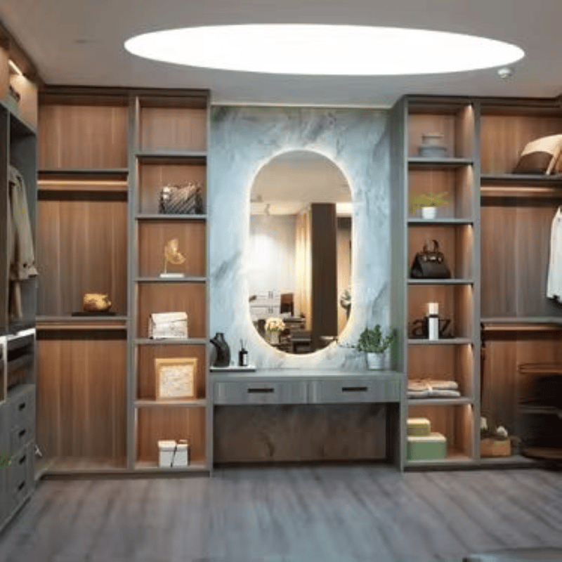 خزانة ملابس عصرية واسعة من الخشب الصلب مع طاولة زينة ومرآة.