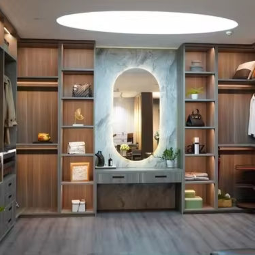 Modern Walk-in Closet Solid Wood Wardrobe With Make-up Vanity and Dress Mirror