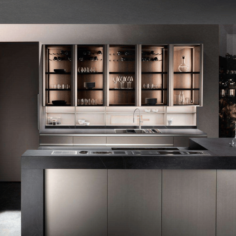 Customized Modern Design Smart Kitchen Cabinets Automatic Electric Door Lifting Island for Dining Apartment Use Includes Faucet