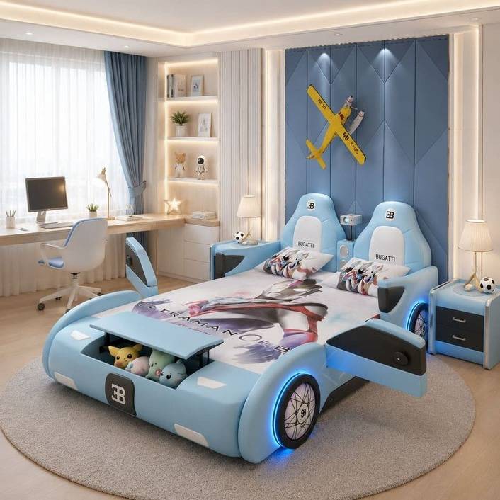 سرير أطفال مودرن بتصميم سيارة سباق مع صندوق تخزين أمامي
