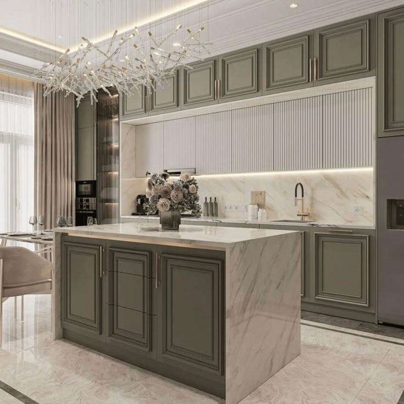 مجموعة أثاث مطبخ معياري كامل بتصميم حسب الطلب من المصنع، مع جزيرة وهيكل من الخشب المضغوط، ومجموعة أثاث غرفة طعام من الخشب الصلب للشقق