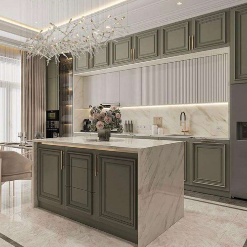 مجموعة أثاث مطبخ معياري كامل بتصميم حسب الطلب من المصنع، مع جزيرة وهيكل من الخشب المضغوط، ومجموعة أثاث غرفة طعام من الخشب الصلب للشقق