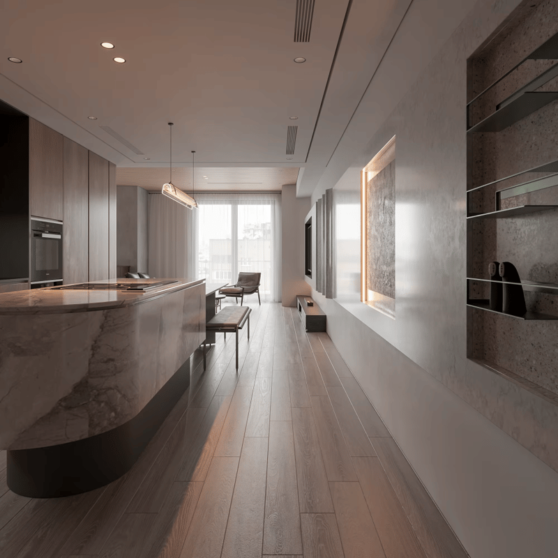 مطبخ عصري معياري من الخشب الصلب بتصميم بسيط وصديق للبيئة، مصنوع من ألواح الميلامين المقاومة للحريق، مناسب لتناول الطعام.
