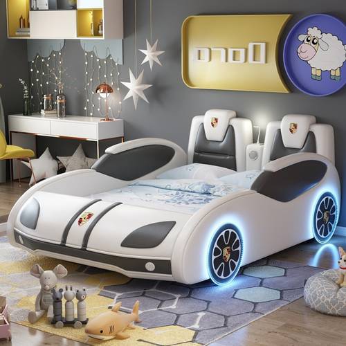 سرير غرف نوم أطفال بتصميم سيارة السباق الكلاسيكية الفاخرة مع إضاءة LED