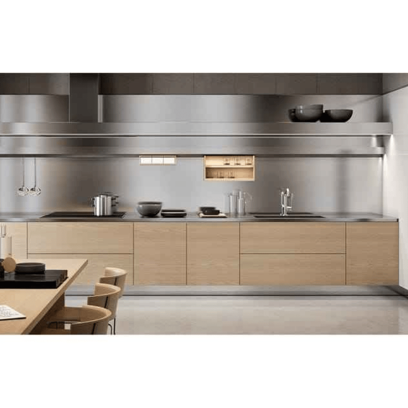 Contemporary Kitchen Cabinet Horizontal Grain Stainless Steel and Wood Waterproof Kitchen Cabinet with LED Lighting