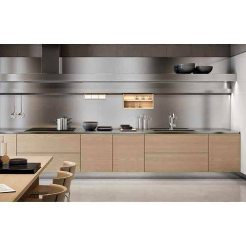 Contemporary Kitchen Cabinet Horizontal Grain Stainless Steel and Wood Waterproof Kitchen Cabinet with LED Lighting