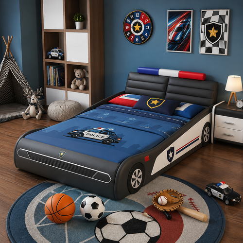 Police Car Upholstered Bed for Kids and Teens with Padded Framework