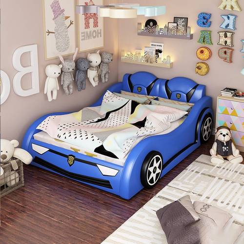 Modern Blue Racing Car Kids Bed - Premium Sport Car Leather Upholstered Junior Bed