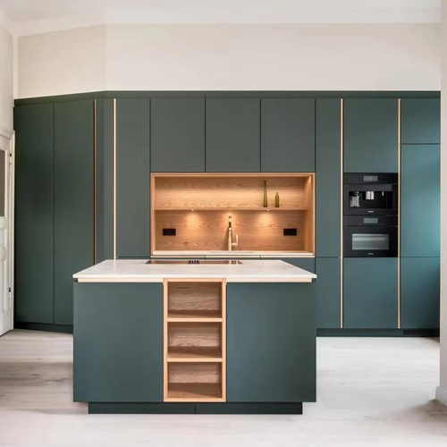 Custom Luxury Matte Green Handleless Modern Modular Design with Faucet Accessory Melamine Kitchen Cabinet