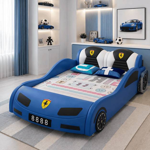 سرير أطفال مودرن بتصميم سيارة سباق رياضية مبهجة