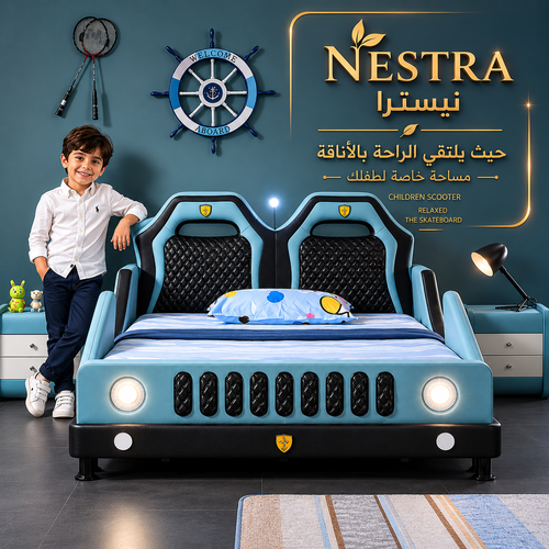 سرير أطفال وشبابي مبطن بتصميم سيارة جيب مع نظام رفع هيدروليكي للتخزين