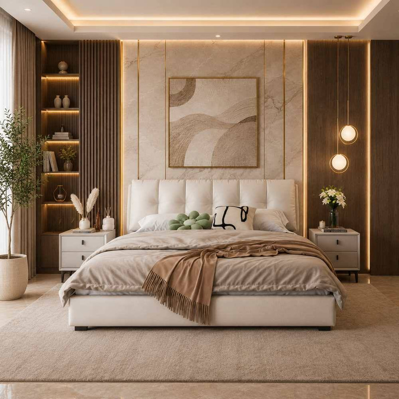Premium Eco-Friendly Genuine Leather Modern Bed with Tufted Linear Headboard and Reinforced Frame