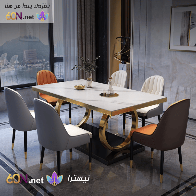 طاولة طعام فاخرة بتصميم رخامي مستطيل وقاعدة ستانلس ستيل ذهبية