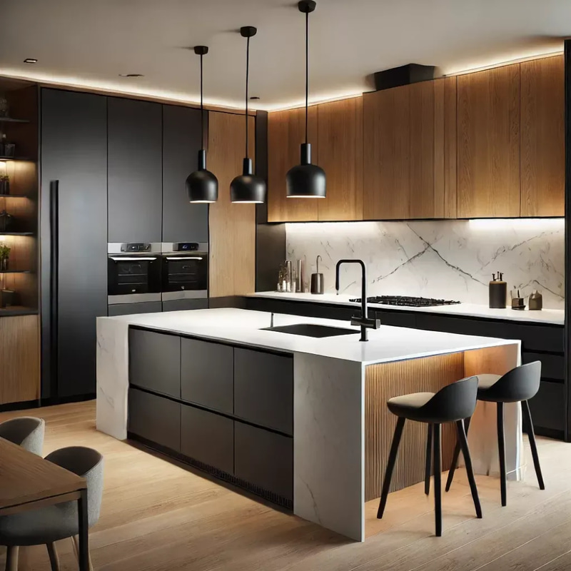 Modern Design Wood Veneer Modular Kitchen Cabinets Faucet Eco-Friendly Fireproof Dining Apartment/Villa Use Quartz Stone
