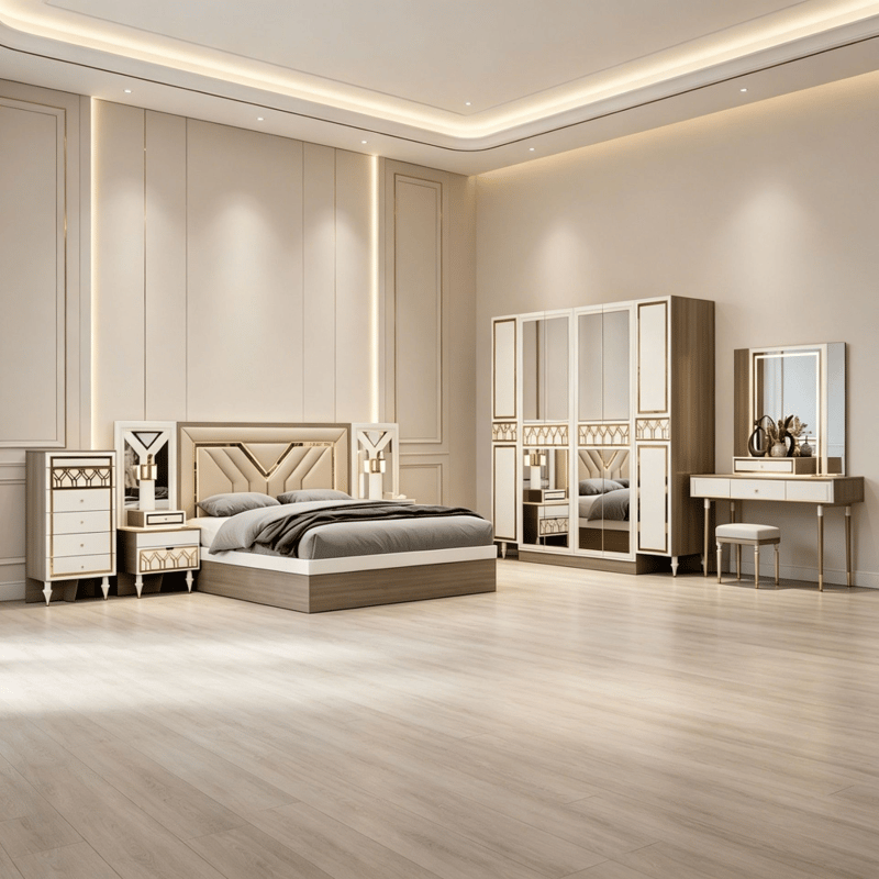 طقم غرفة نوم بتصميم خشبي أبيض متناقض مع خطوط ذهبية - موديل