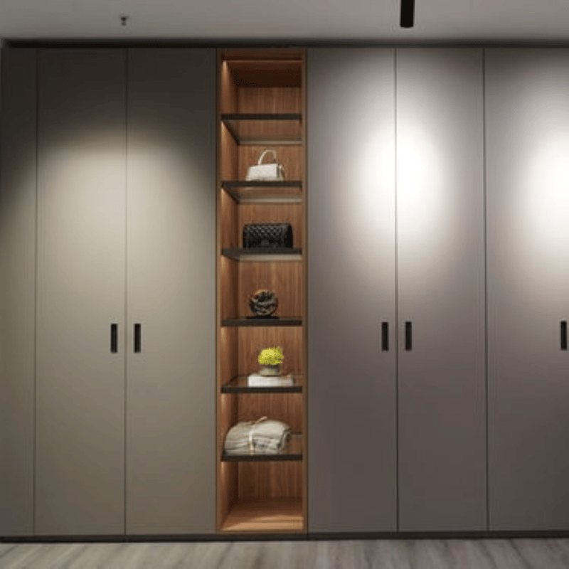 Modern Solid Wood Wardrobe with Bag Display Rack and LED Lighting