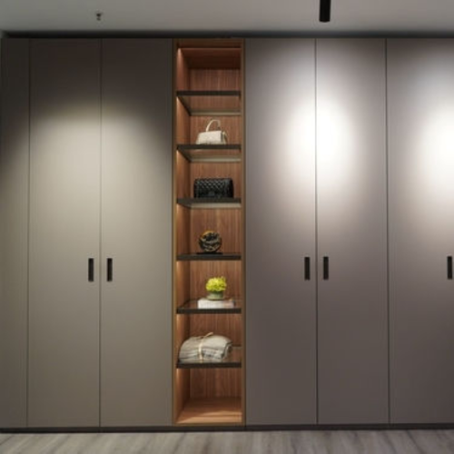 Modern Solid Wood Wardrobe with Bag Display Rack and LED Lighting