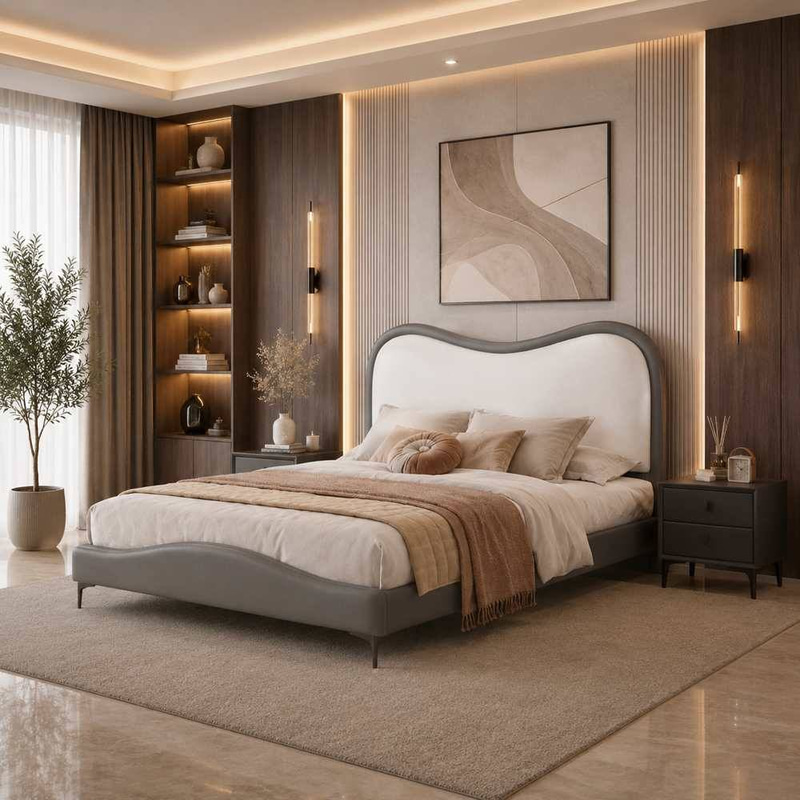 Premium Eco-Friendly Genuine Leather Modern Bed with Curved Headboard and Reinforced Frame