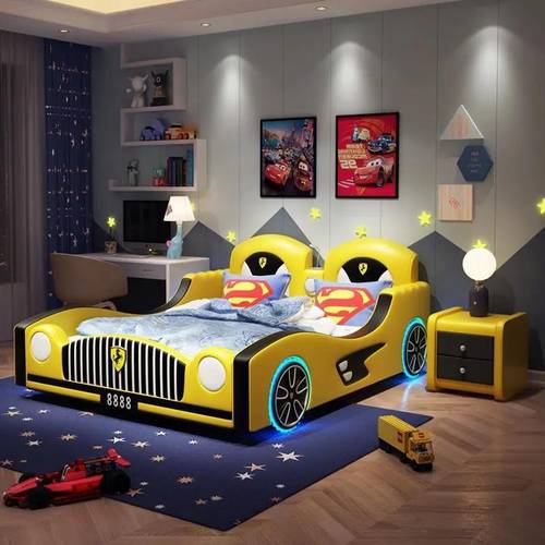 سرير أطفال وشبابي مبطن بتصميم سيارة سباق مع نظام رفع هيدروليكي للتخزين