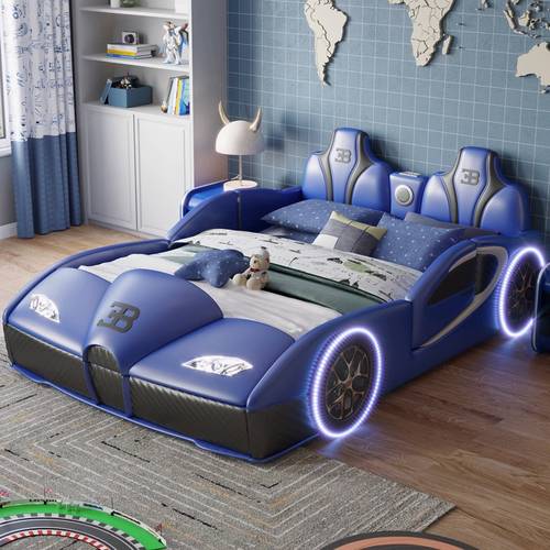 Modern Luxury Race Car Kids Bed - Premium Leather Upholstered Sports Car Platform Bed