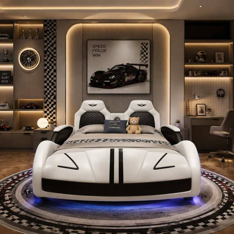 سرير أطفال مودرن بتصميم سيارة سباق رياضية انسيابية