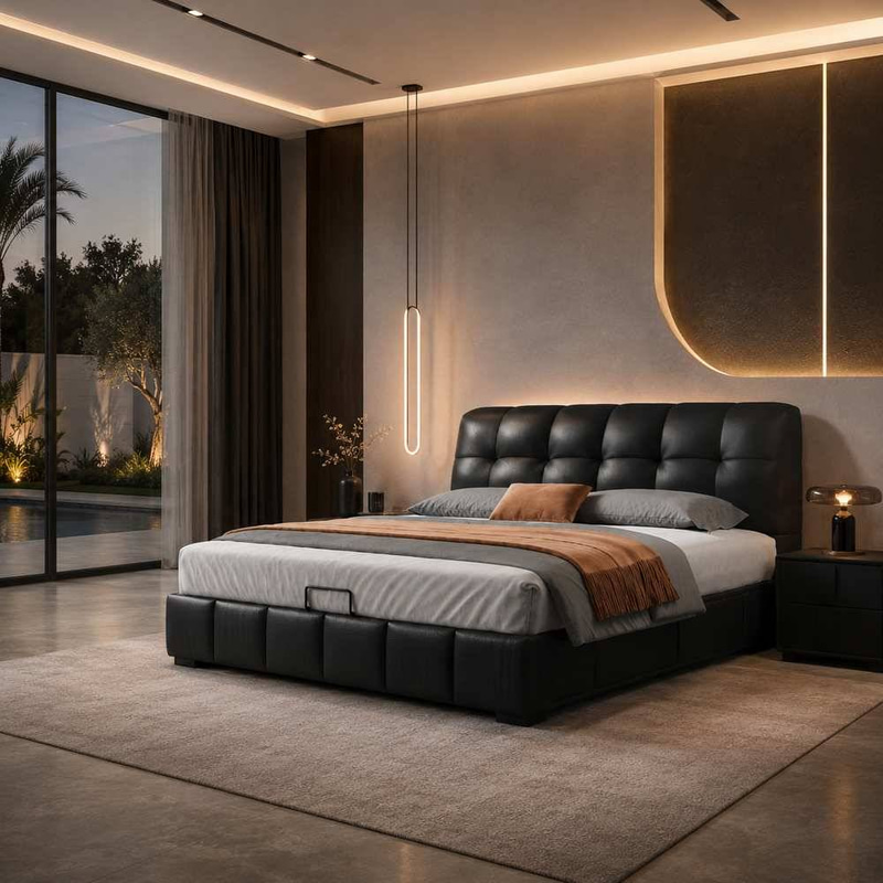 Premium Eco-Friendly Genuine Leather Modern Bed with Tufted Grid Framework and Reinforced Frame