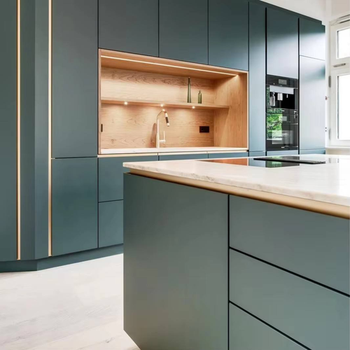 Custom Luxury Matte Green Handleless Modern Modular Design with Faucet Accessory Melamine Kitchen Cabinet