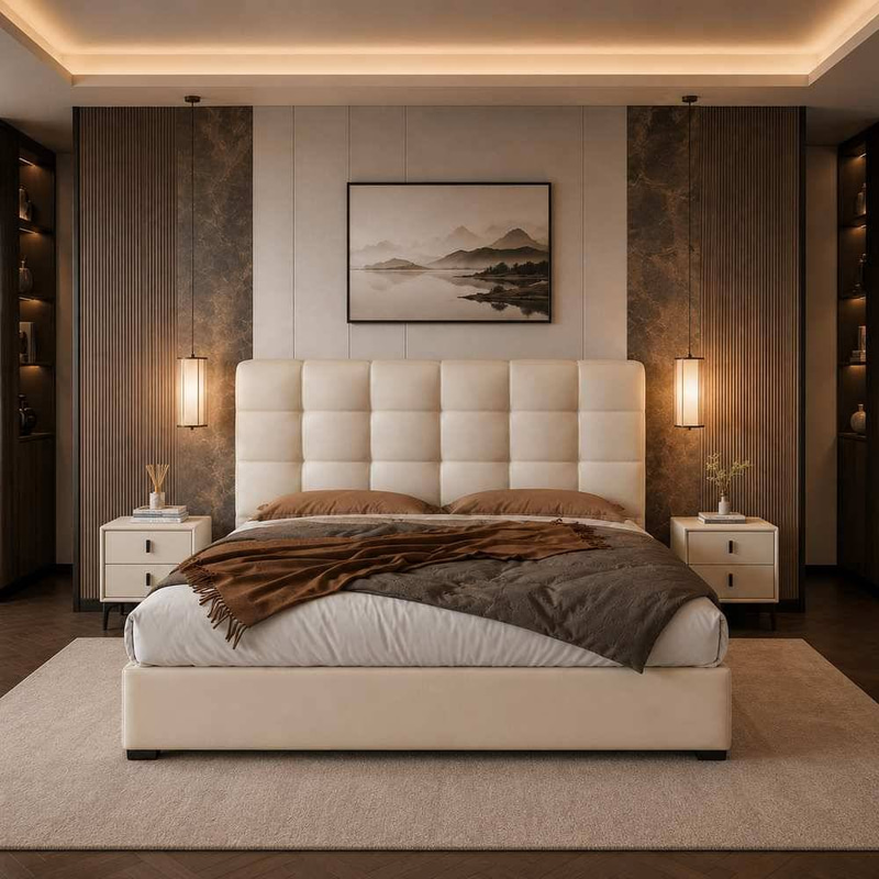 Premium Eco-Friendly Genuine Leather Modern Bed with Tufted Grid Headboard and Reinforced Frame