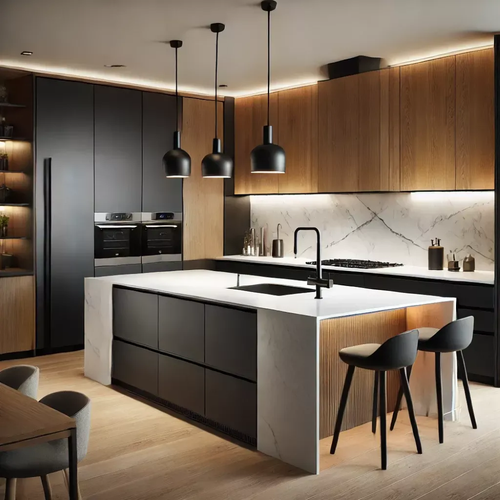 مشروع سكني: خزائن مطبخ معيارية، قشرة خشبية صلبة، تصميم عصري، جزيرة مطبخ ذكية، صنبور للشقة