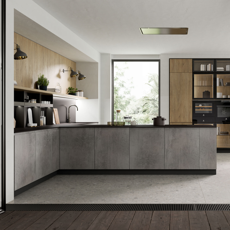 Modern and minimalist home kitchen furniture units, made from compressed wood panels, including a kitchen cabinet, sink, faucet, hinges, and drawer basket for apartments.