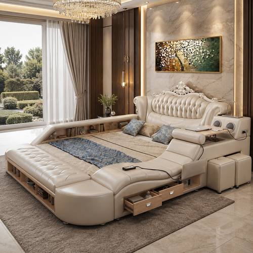 سرير ذكي مطور من الجلد بنمط حديث وبسيط مع مساج وسعة تخزينية