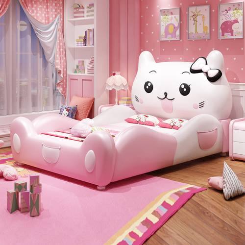 Modern Pink Cartoon Cat Kids Bed - Premium Leather Upholstered Princess Bed with Guardrails