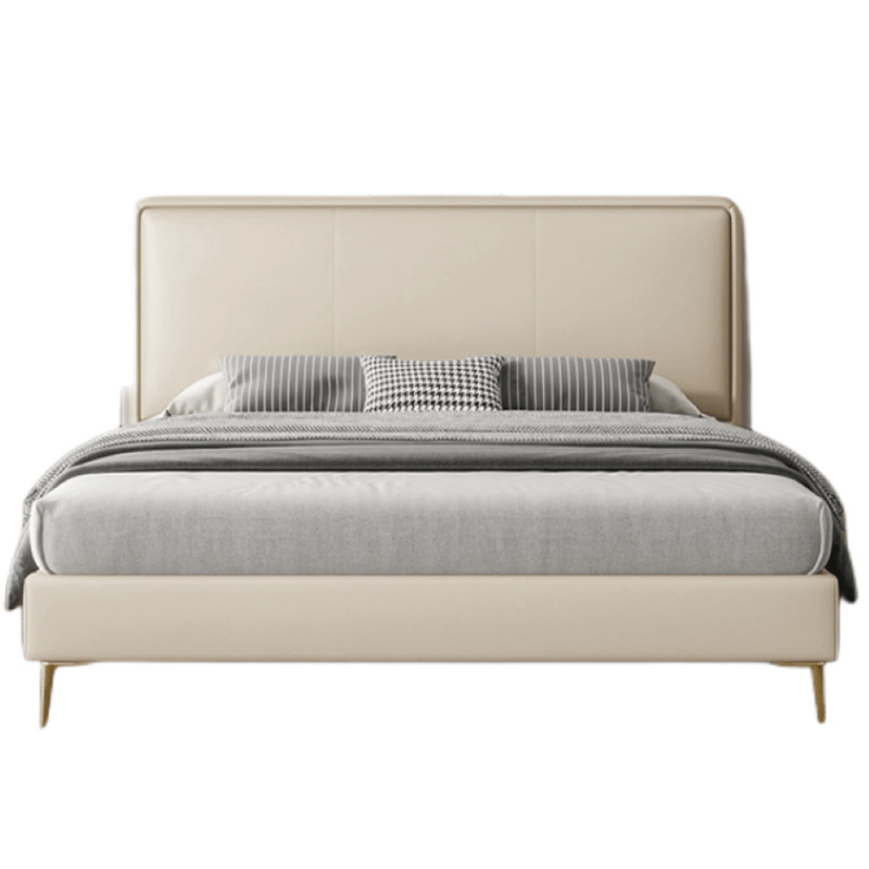 Minimalist High-End Genuine Leather Soft Padded Headboard Bed
