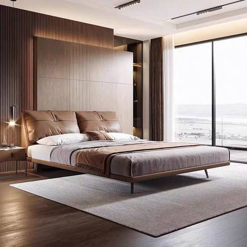 سرير عصري فاخر بتنجيد جلد طبيعي فاخر وتصميم أنيق