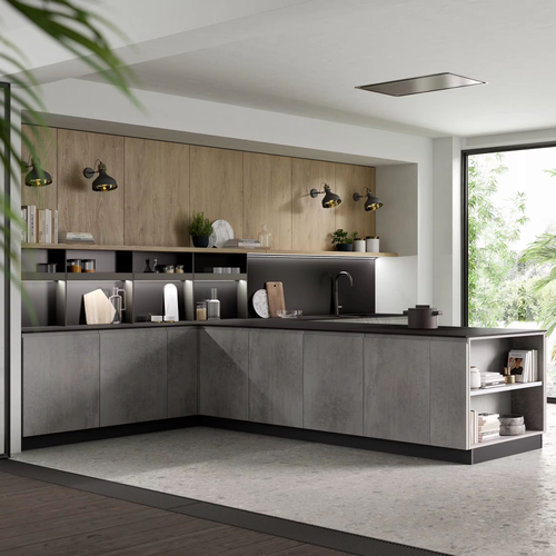 Modern and minimalist home kitchen furniture units, made from compressed wood panels, including a kitchen cabinet, sink, faucet, hinges, and drawer basket for apartments.