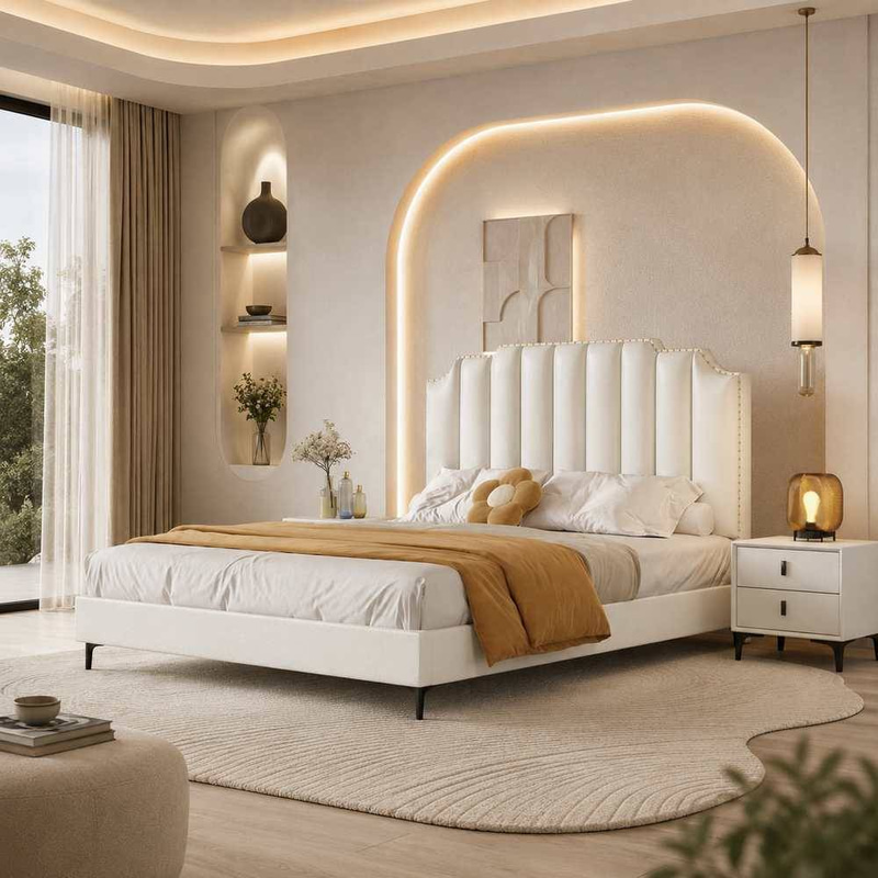 Premium Eco-Friendly Genuine Leather Modern Bed with Tufted Vertical Headboard and Reinforced Frame