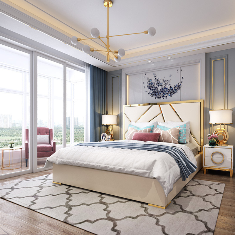 Postmodern Nordic Style Gold Framed Leather Master Bed