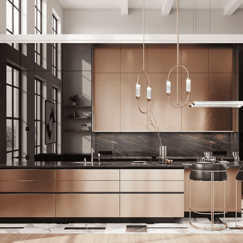 Modern Stainless Steel & Aluminum Modular Kitchen Cabinet Set with Quartz Countertop