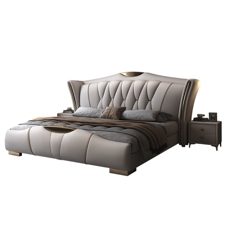 Postmodern Tufted Top-Grain Leather Master Bedroom Bed with Storage