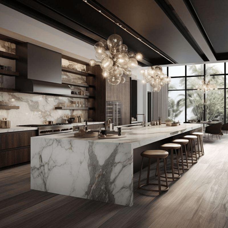 مطبخ فيلا معياري احترافي مصمم حسب الطلب، جزيرة مطبخ بتصميم صناعي حديث، لوح ميلامين، صنبور، سطح من حجر الكوارتز