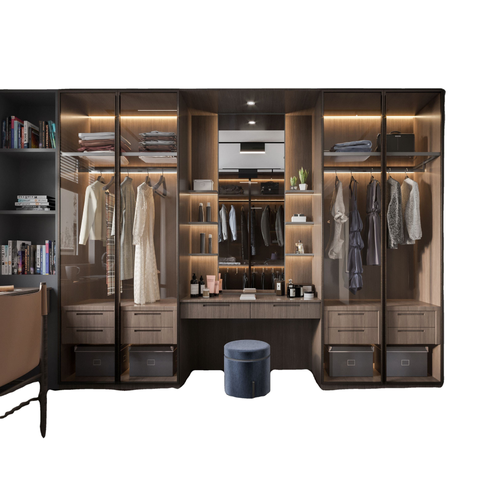 Modern Solid Wood Wardrobe Custom PVC Wardrobe Bedroom Closet Set with Vanity Table Glass Door LED Lighting