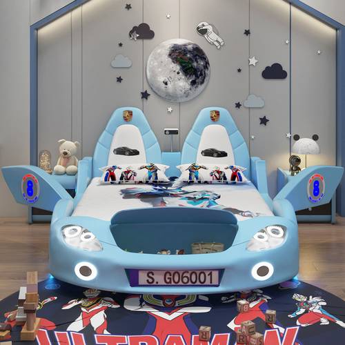 Double baby crib for boys with a cartoon racing car design