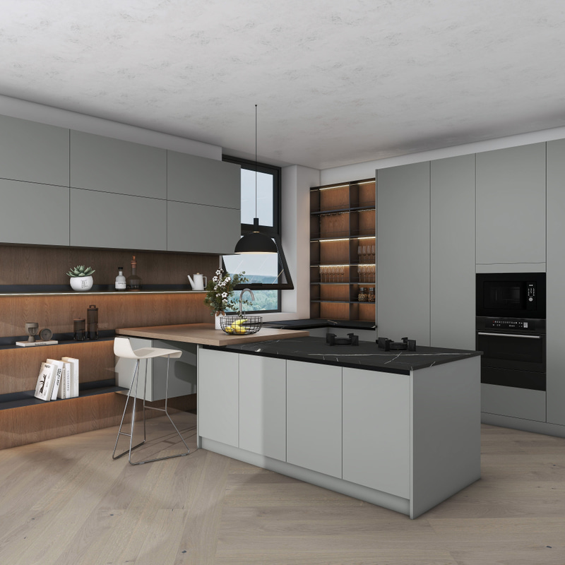 Contemporary Kitchen Cabinet Custom PET Kitchen Furniture with Island Dinning Table Kitchen Cabinet Storage Sidetable