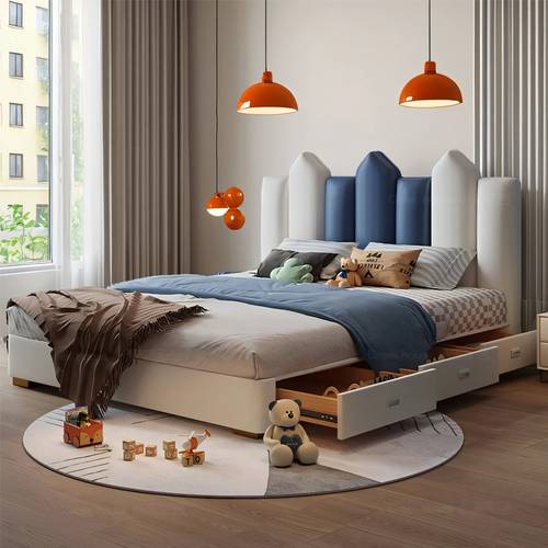 Modern Kids Castle Theme Storage Platform Bed with Drawers and Hydraulic Lift